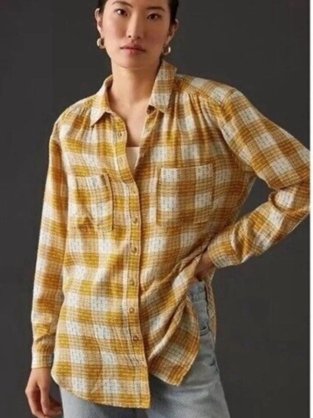 Anthropologie Pilcro Mustard Yellow Plaid Button-Down Shirt Size M